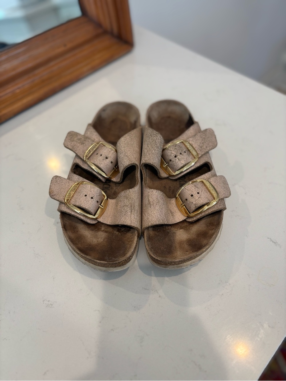 Birkenstock Double-Buckle Sandals in Rose Gold with Gold Buckles
